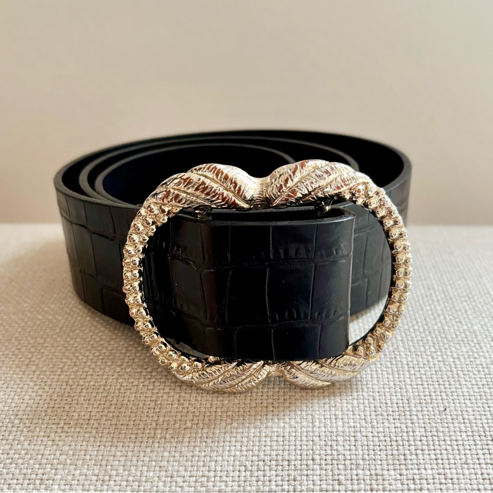 Black Croc-Textured Womens Belt with Ornate Silver Buckle